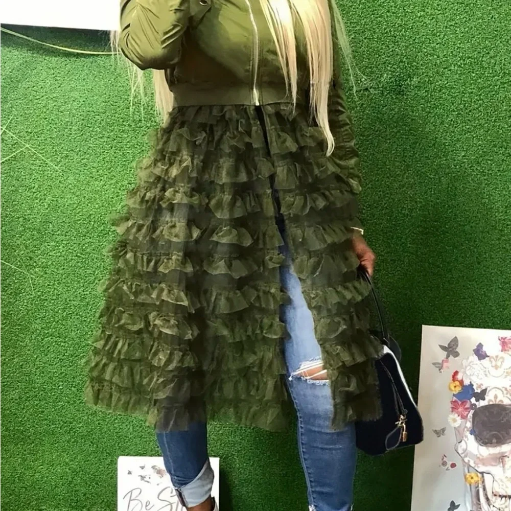Green Ruffled Jacket with Sheer Overlay - Picture 3 of 3